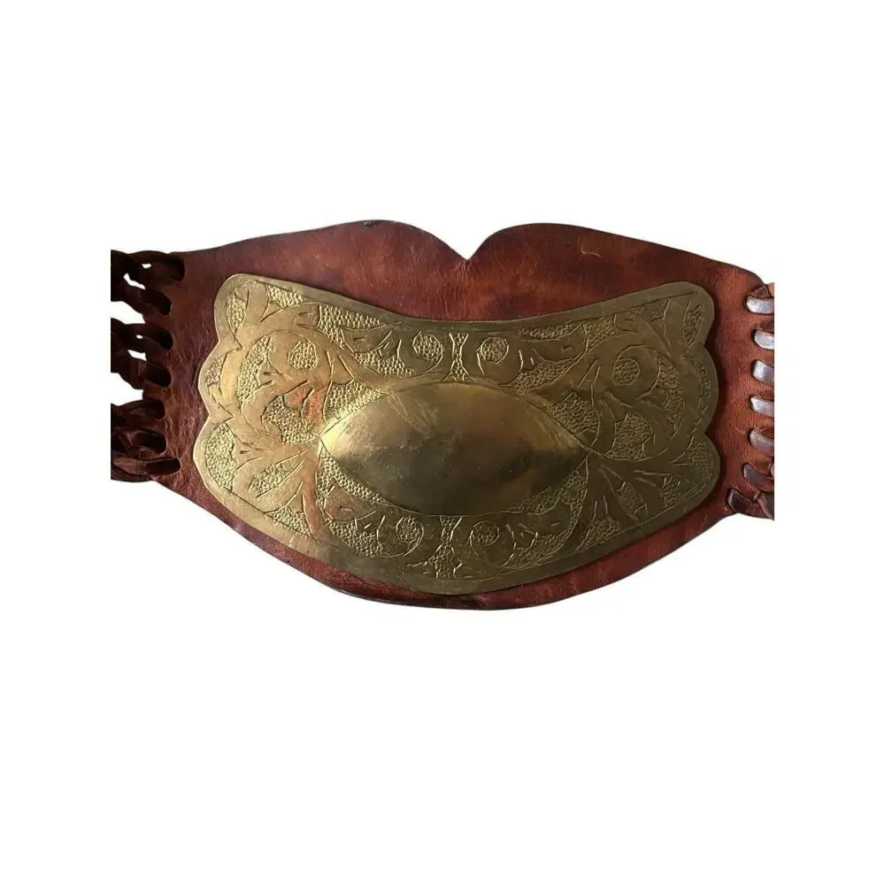Moroccan Style Vintage Unisex Leather Medallion Vintage Brass Etched Plated Belt